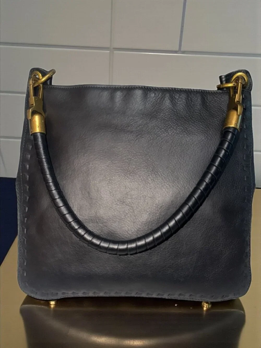 The Sak Collective Estrada Demi Bag Black Leather Brass Whipstitch Shoulder Hobo - Picture 3 of 10